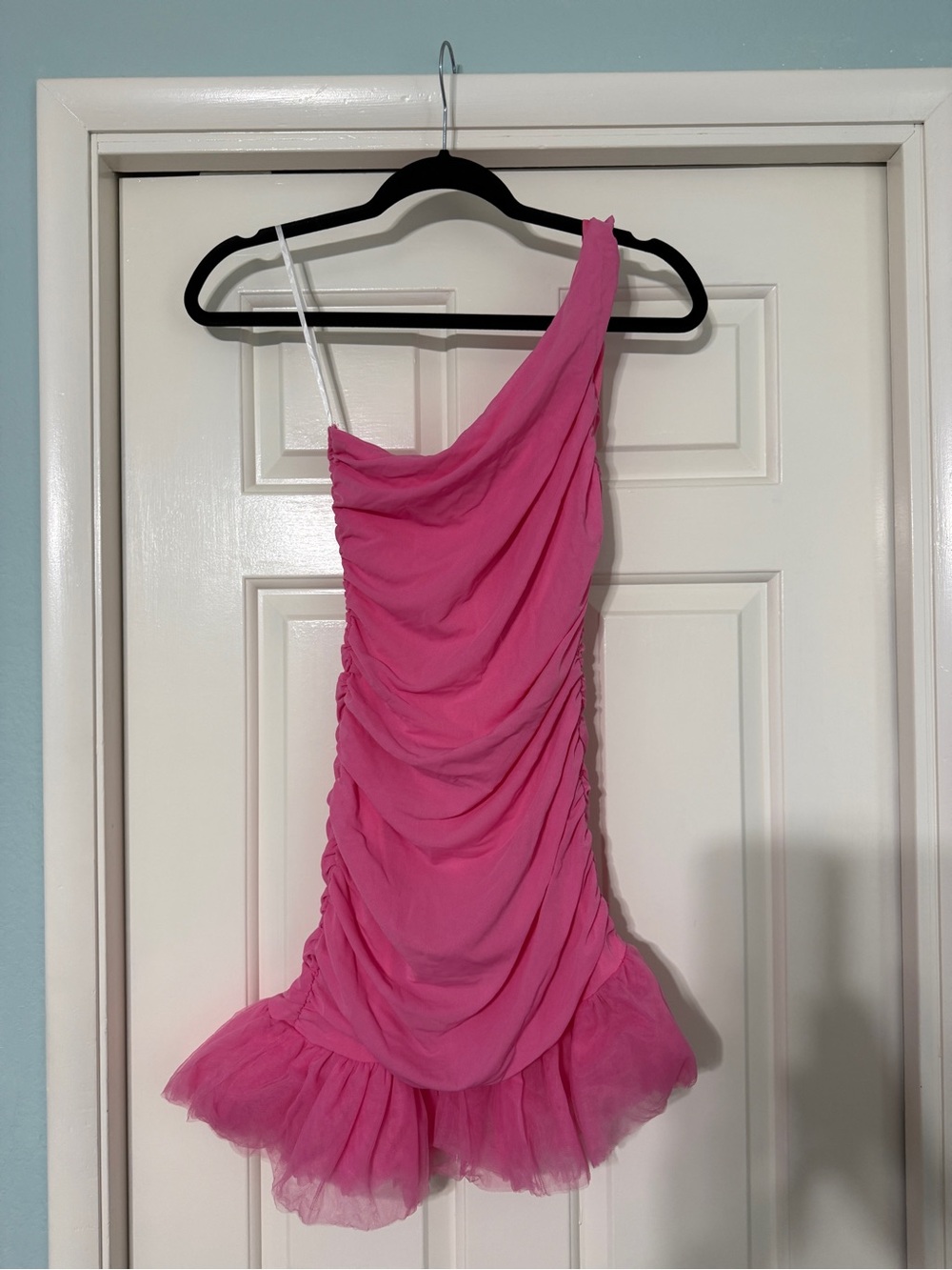 Hello Molly Hot Pink One-Shoulder Ruching Tulle Hem One-Piece - medium size 6